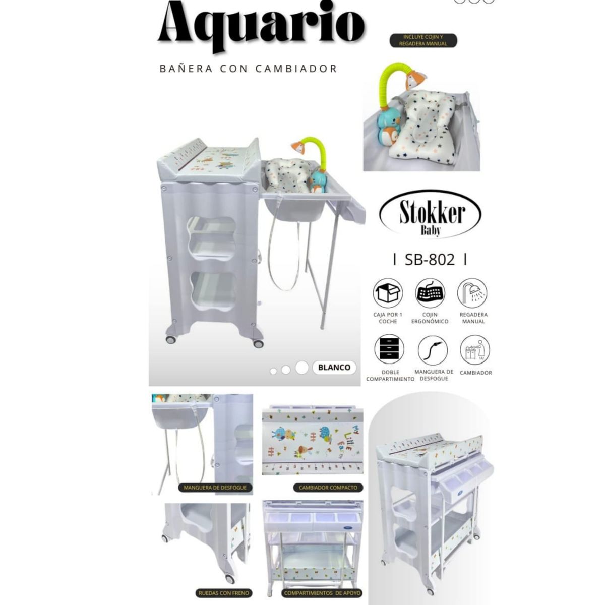 STOKKER BABY - Bañera cambiador + regadera cojín aquario BLANCO