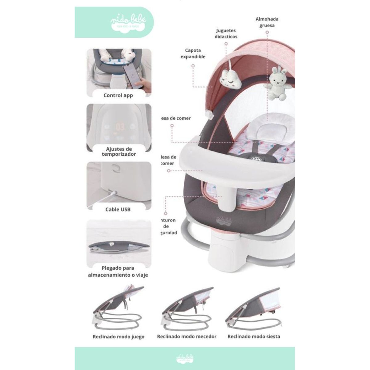 BABY CAM - Silla mecedora eléctrica 3 en 1 BABY CAM Premium Rosa