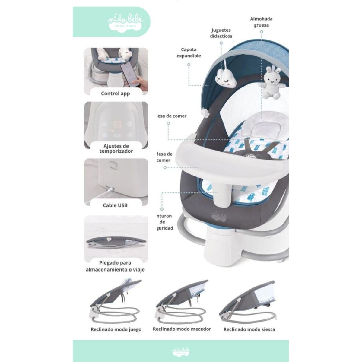 BABY CAM - Silla mecedora eléctrica 3 en 1 BABY CAM Premium Azul