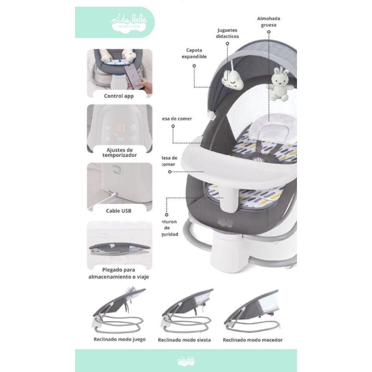 BABY CAM - Silla mecedora eléctrica 3 en 1 Baby Cam Premium Plomo