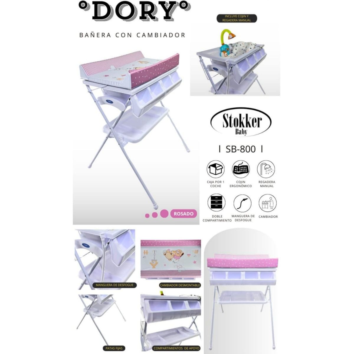 STOKKER BABY - Bañera cambiador con cojín y regadera DORY ROSADO