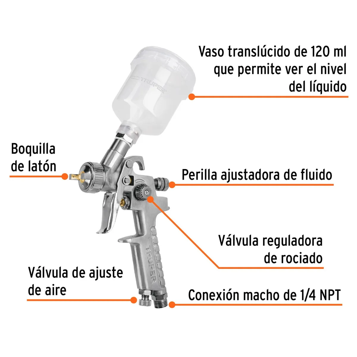 TRUPER - Pistola de aire para Pintar fino acabado vaso plastico 120ml truper