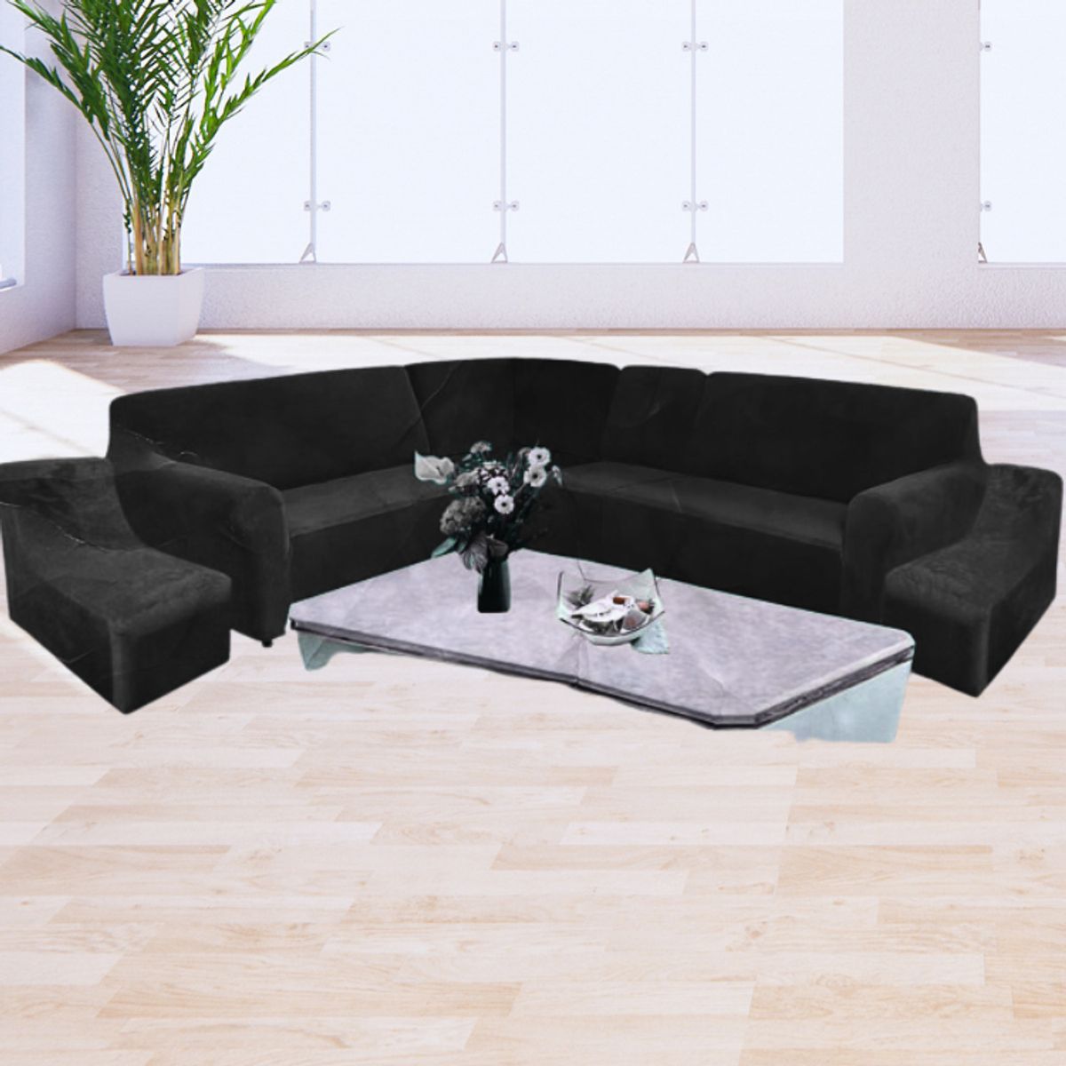 SALA FABULOSA - Funda Modular 6pzs Terciopelo con 6 fundas de cojines NEGRO