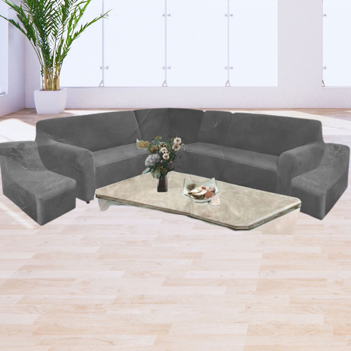 SALA FABULOSA - Funda Modular 6pzs Terciopelo con 6 fundas de cojines PLOMO