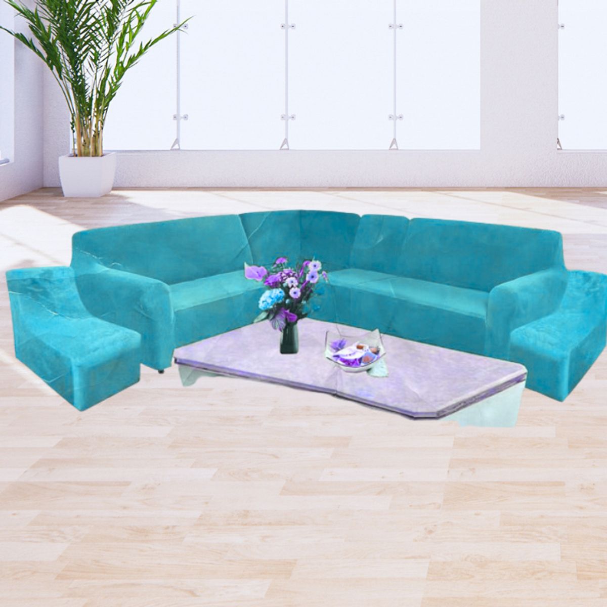 SALA FABULOSA - Funda Modular 6pzs Terciopelo con 6 fundas de cojines TURQUESA