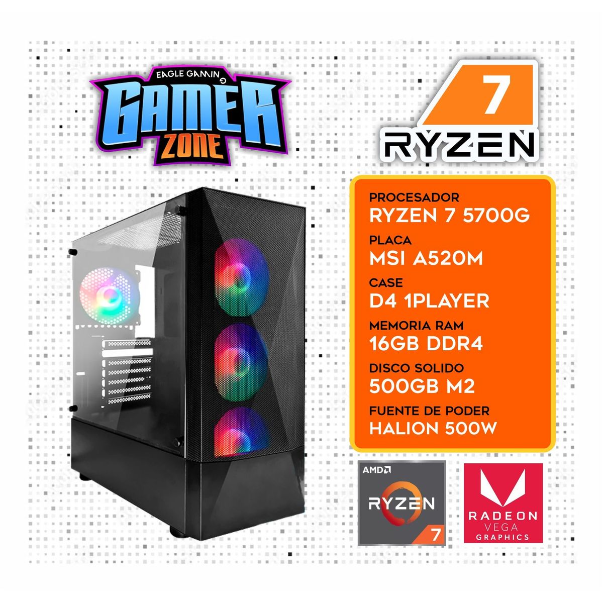 AMD - Computadora PC Ryzen 7 5700G RAM 16GB SSD 500GB CON GRAFICOS AMD RADEON