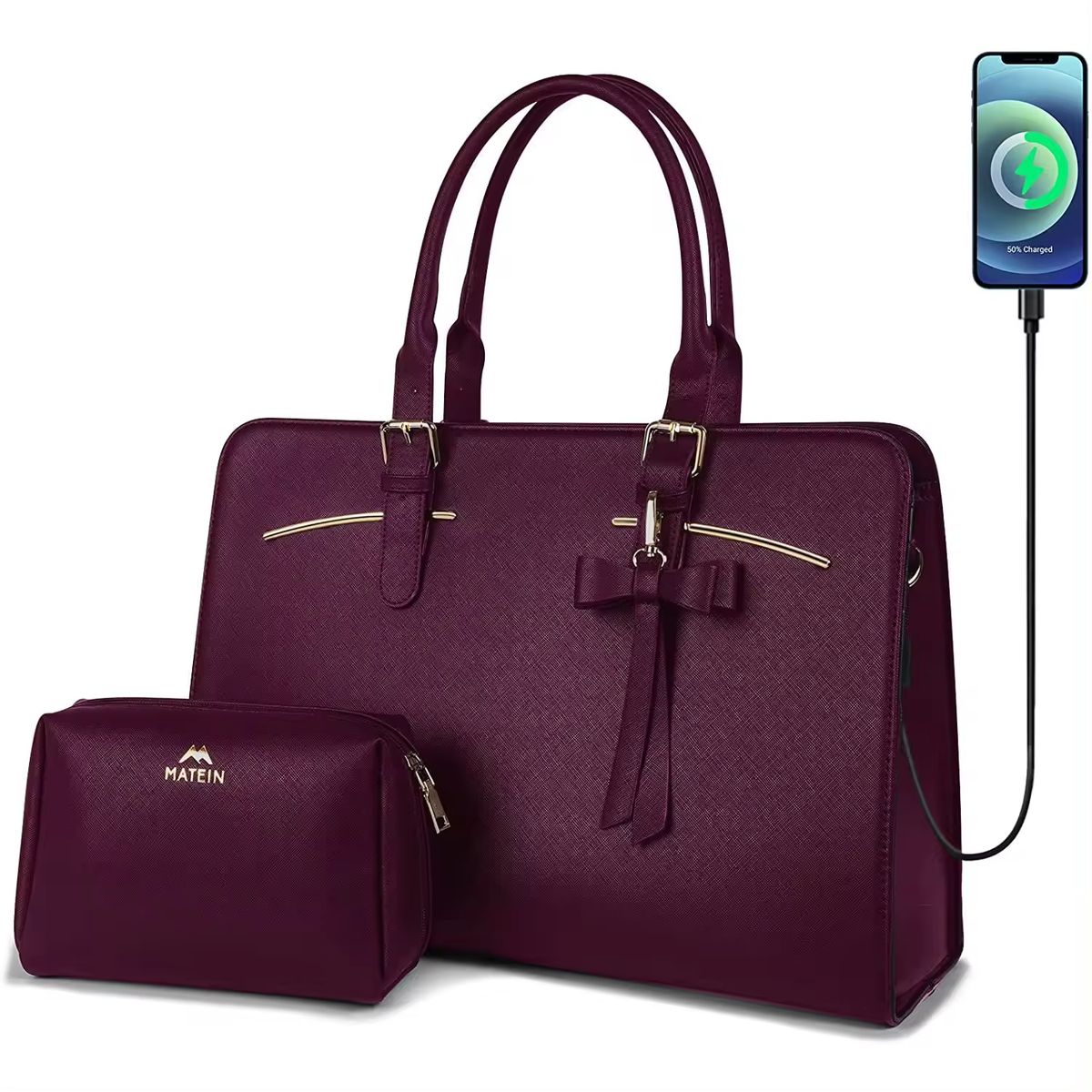 MATEIN - Maletin Bolso 2 En 1 MATEIN Portalaptop 15.6 Cuero PU Más Cartuchera