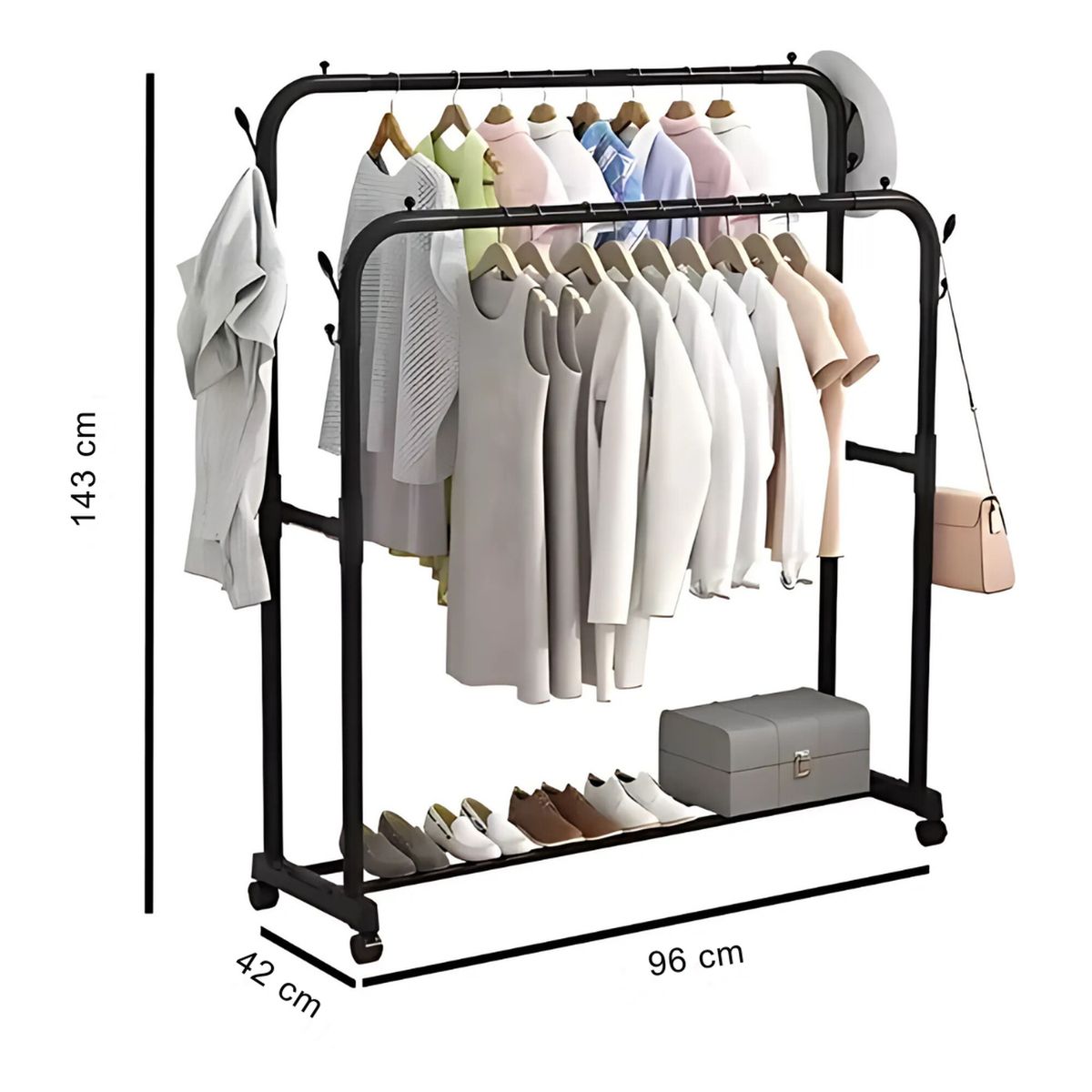 GENERICO - Colgador Perchero de Metal con Ruedas con Doble Organizador 143x96x42cm