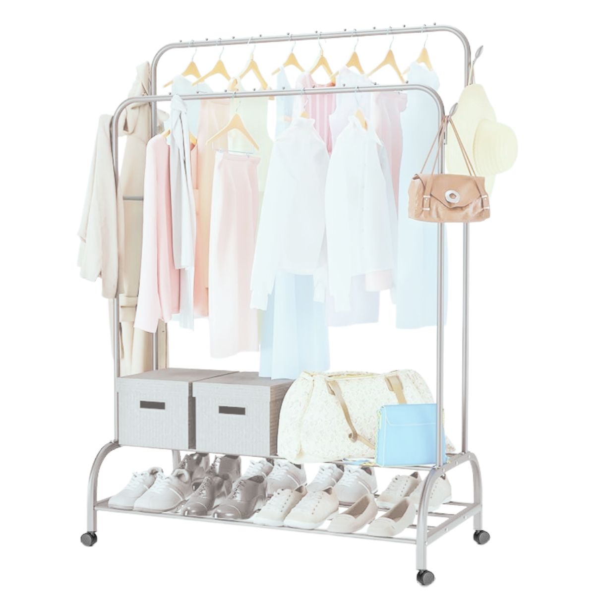 GENERICO - Colgador Perchero con Ruedas Doble Organizador y Repisa 160x110x56cm Blanco