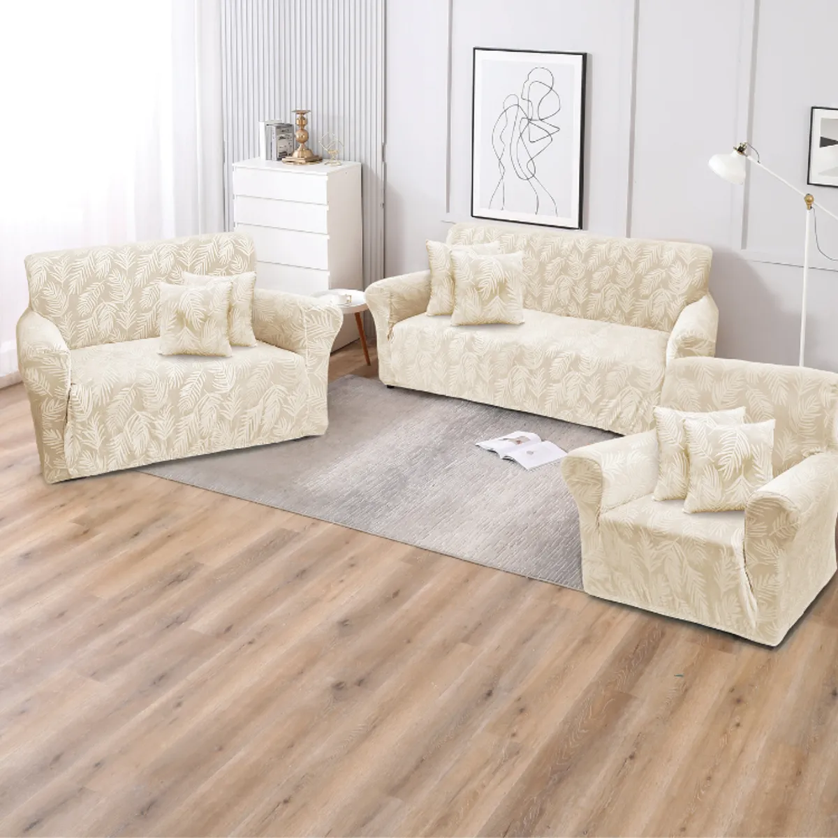 SALA FABULOSA - Funda de mueble 3-2-1 con 6 fundas de cojín terciopelo labrado PERLA