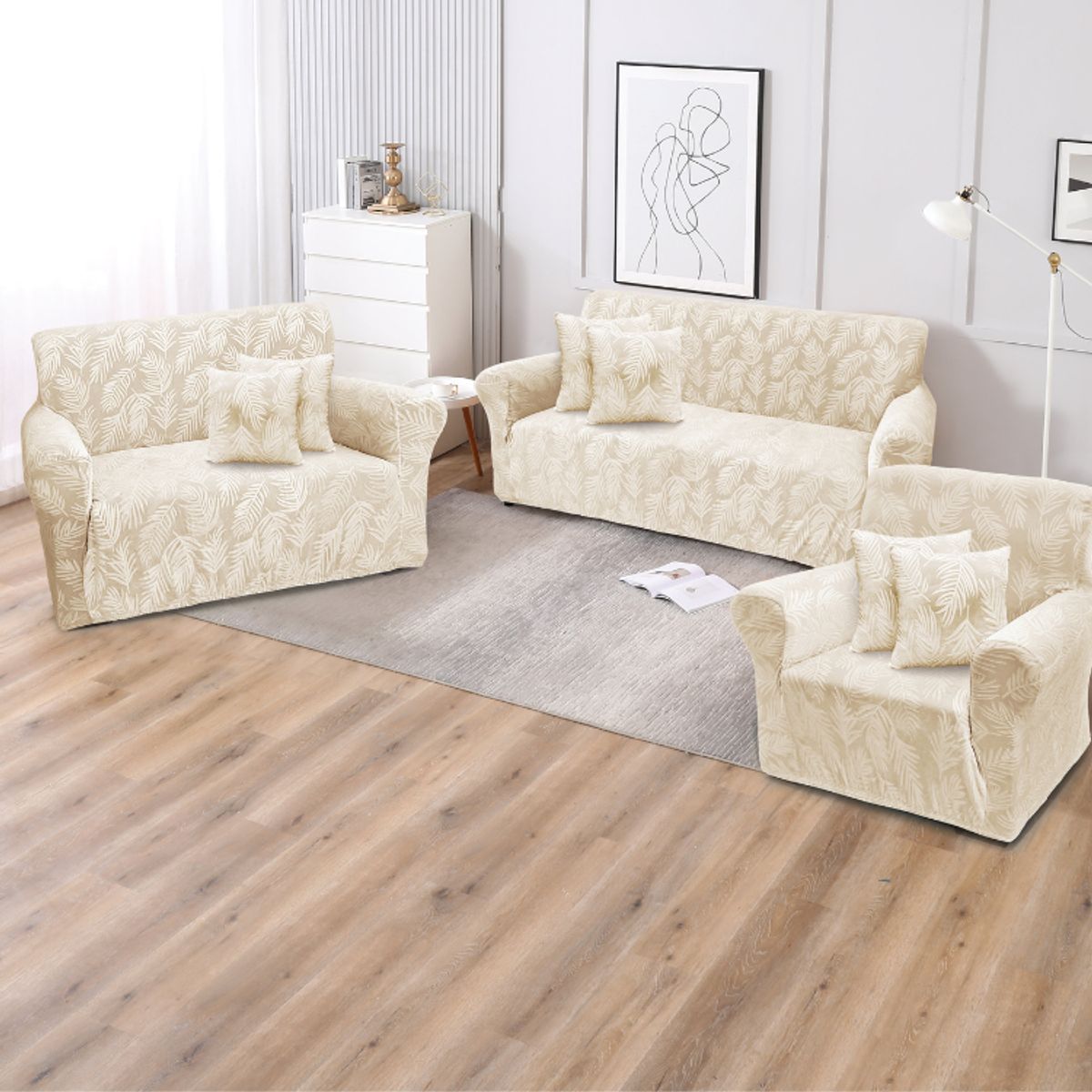 SALA FABULOSA - Funda de mueble 3-2-1 con 6 fundas de cojín terciopelo labrado PERLA