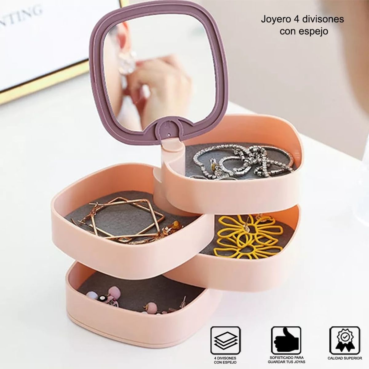 GENERICO - Joyero Organizador 360° 4 Capas con Espejo Rosado - Rosa / Talla única