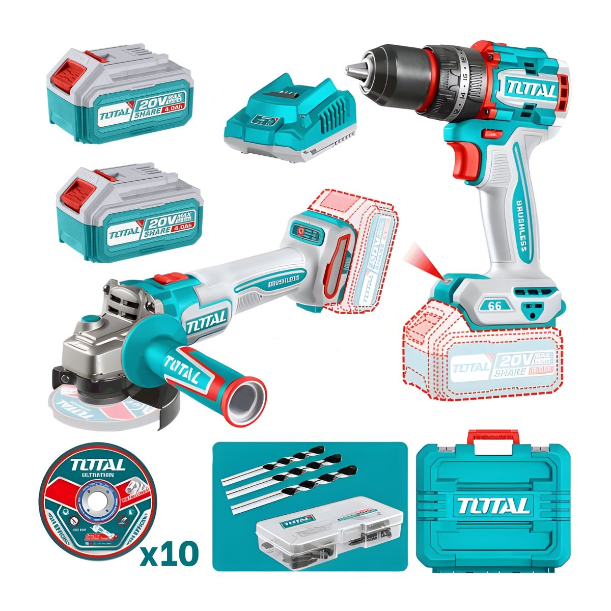 TOTAL TOOLS - Combo taladro percutor 66Nm + amoladora 4½ industrial Total