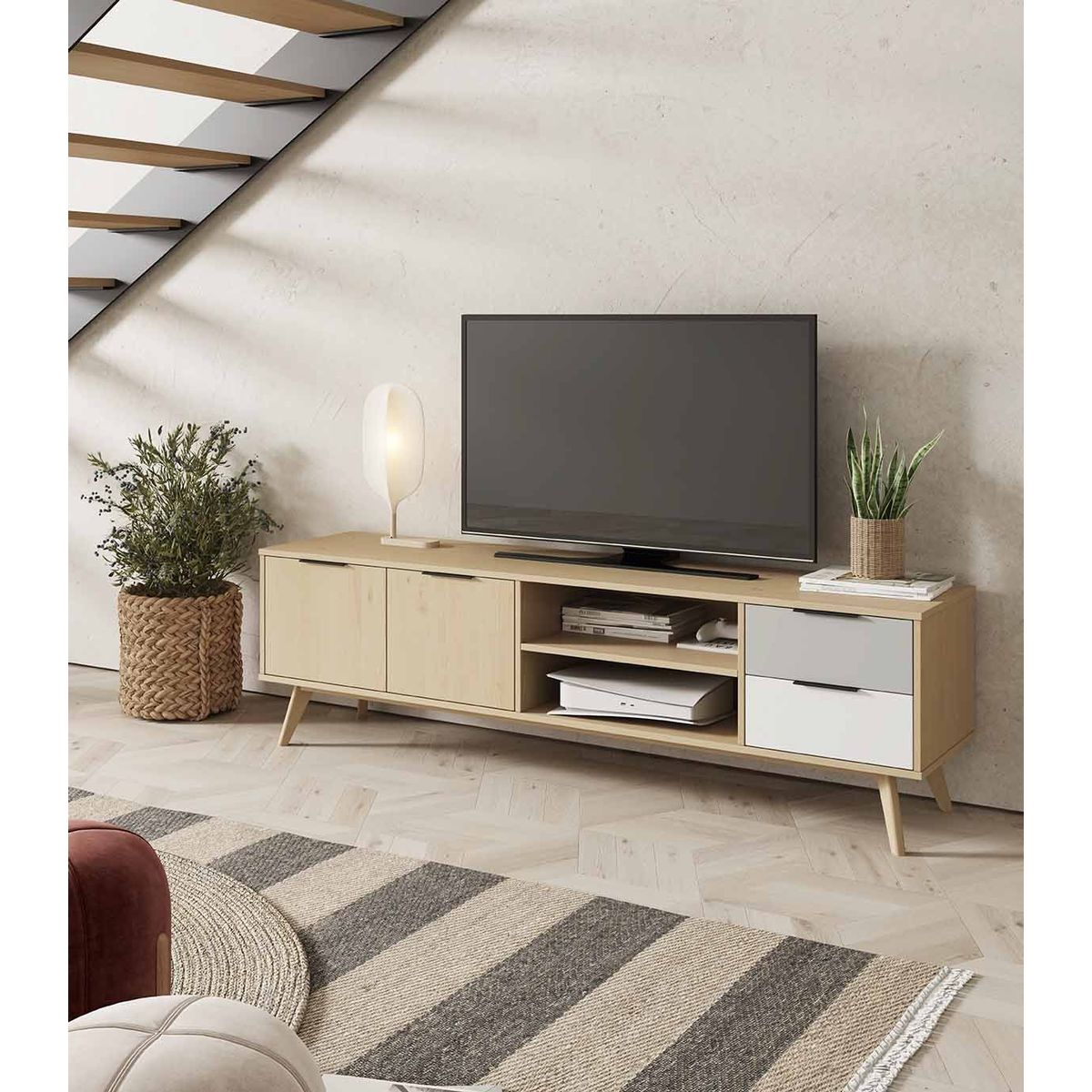TU MESITA - Mueble de TV 2 cajones 2 puertas Maga color Haya TU MESITA