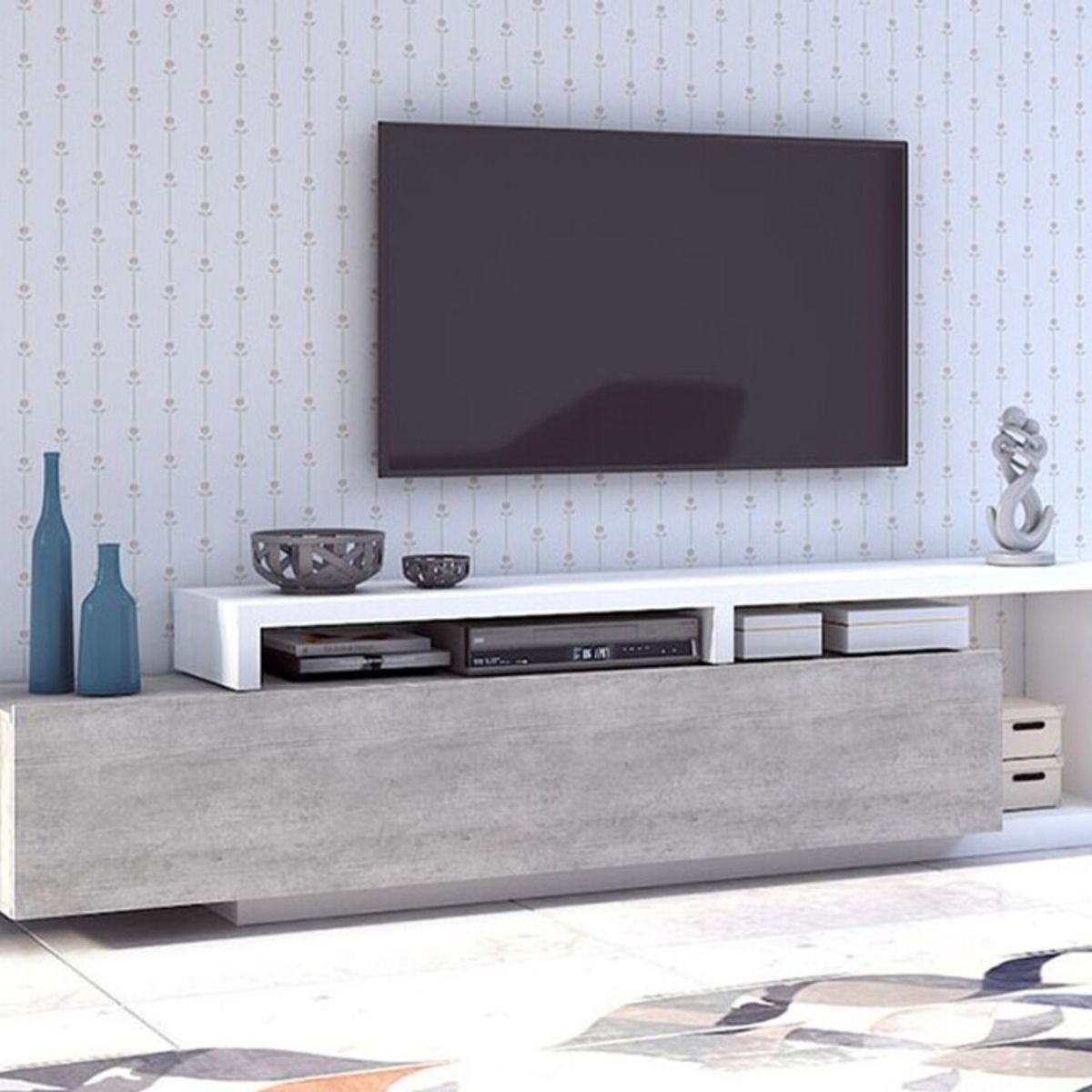 TU MESITA - Mesa de TV Moderna Sibarys color Gris claroBlanco 1 cajón TU MESITA
