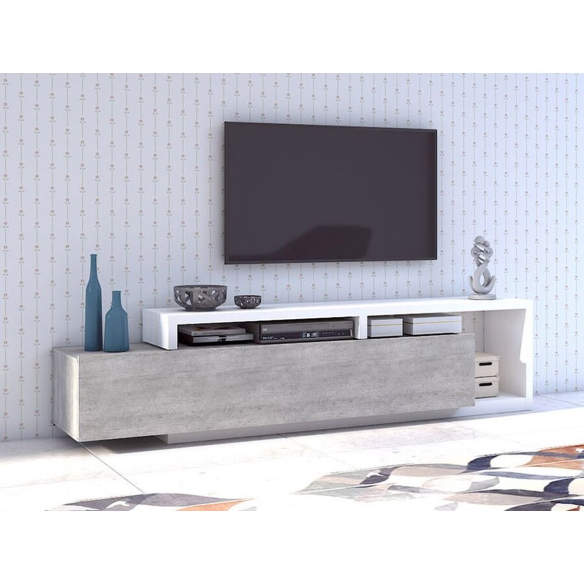 TU MESITA - Mesa de TV Moderna Sibarys color Gris claroBlanco 1 cajón TU MESITA