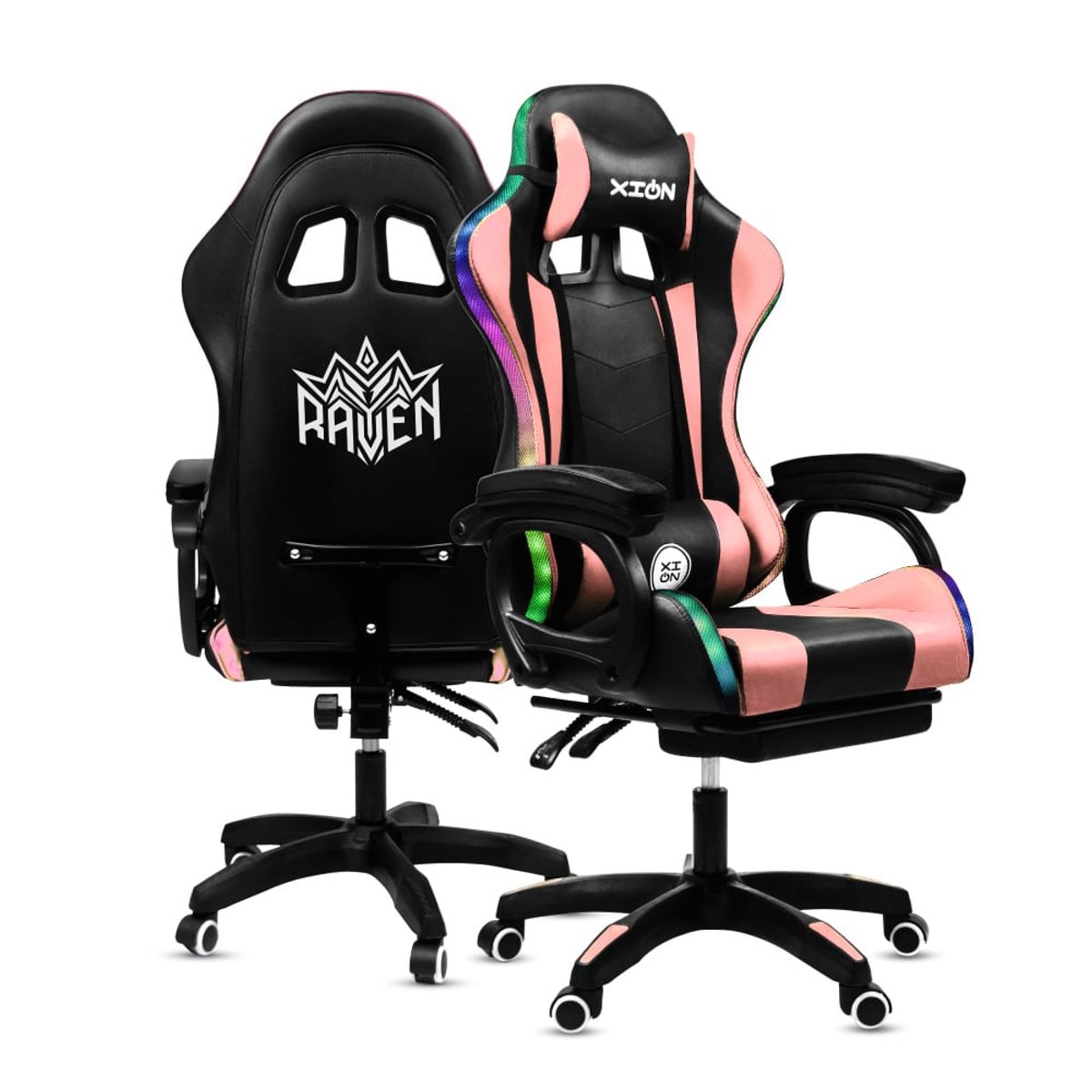 XION - Silla Gamer Luces RGB Raven 135° Reposapiés y Masajeador - Rosa