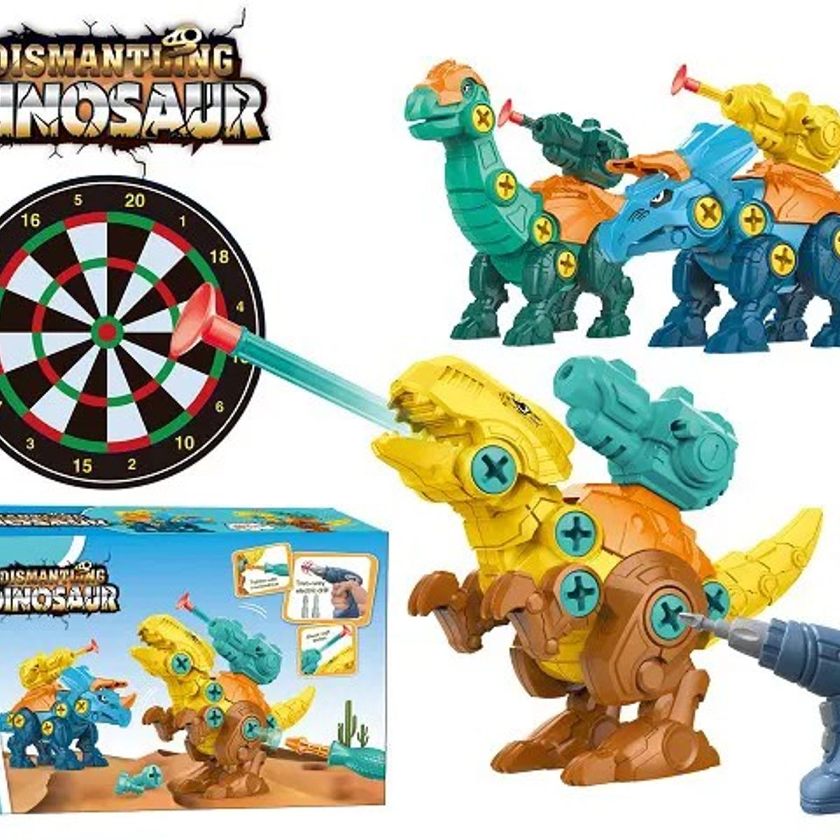 GENERICO - Juego Armable 3 dinosaurios+taladro eléctrico+Lanza Dardos