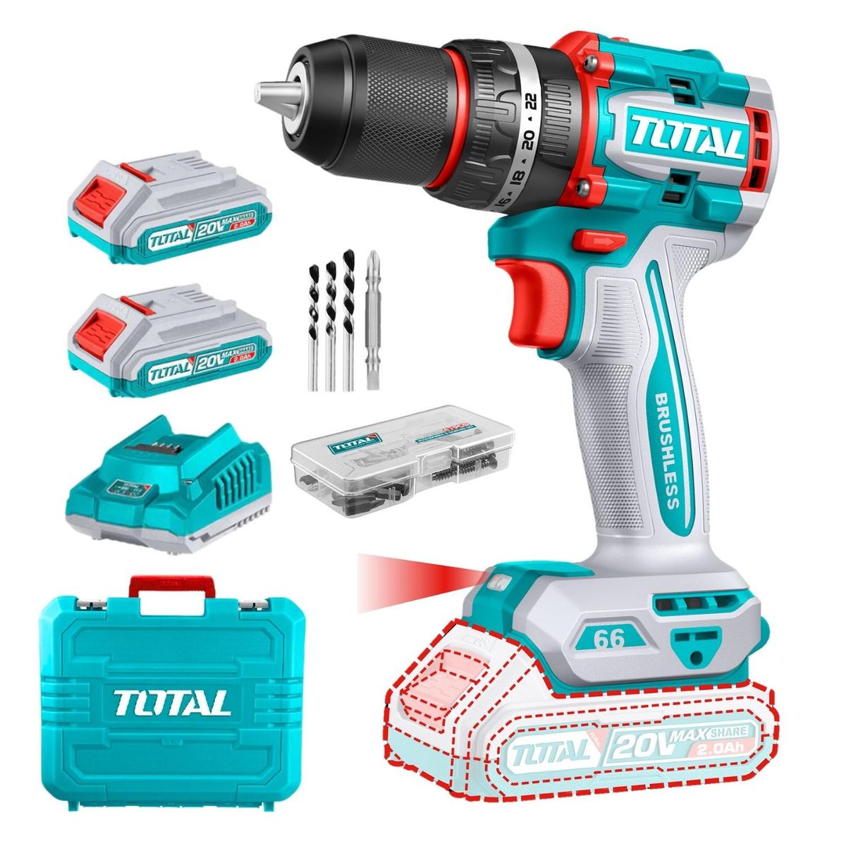 TOTAL - Taladro percutor 66nm + 2 baterias 2ah industrial Total