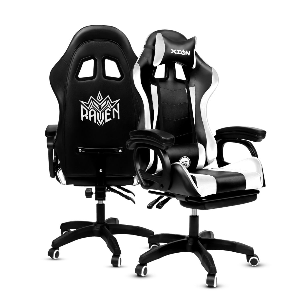 XION - Silla Gamer Ergonómica Con Masajeador Y Posapies 135° - Raven Blanco