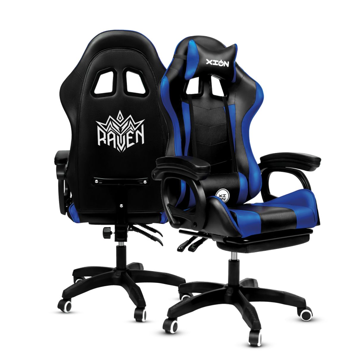 XION - Silla Gamer Ergonómica Con Masajeador Y Posapies 135° - Raven Azul