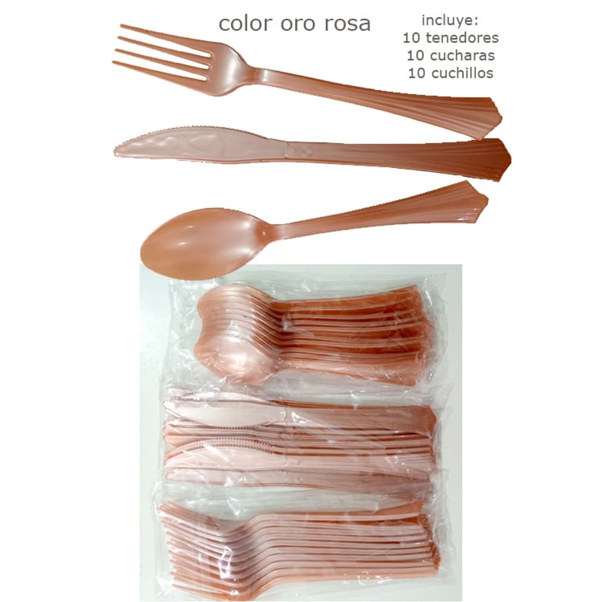 GENERICO - Descartables Cuchara Tenedor Cuchillo Oro Rosa Set X30