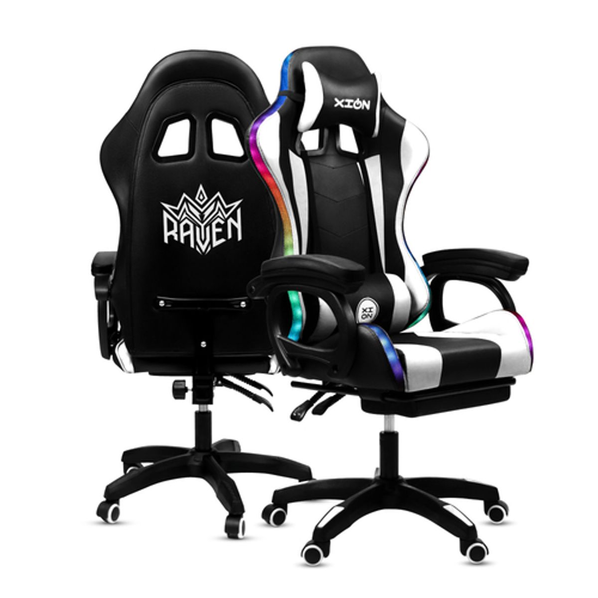 XION - Silla Gamer Luces RGB Raven 135° Reposapiés y Masajeador -Blanco