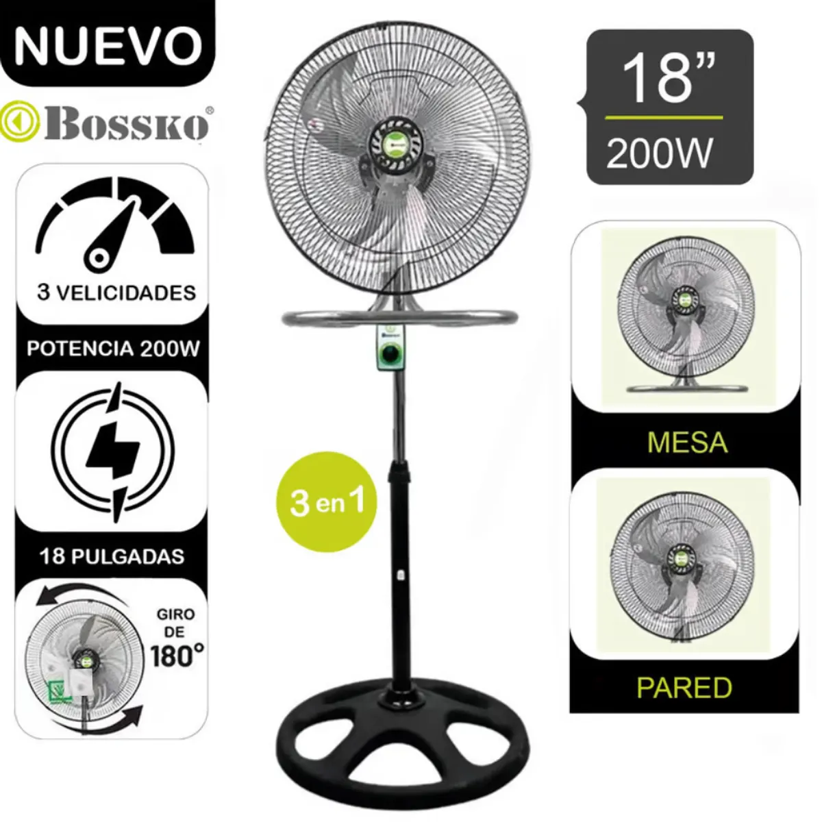 BOSSKO - Ventilador De 3 Aspas 3 En 1 De 18 BK-8218NG - NEGRO X2 Unidades