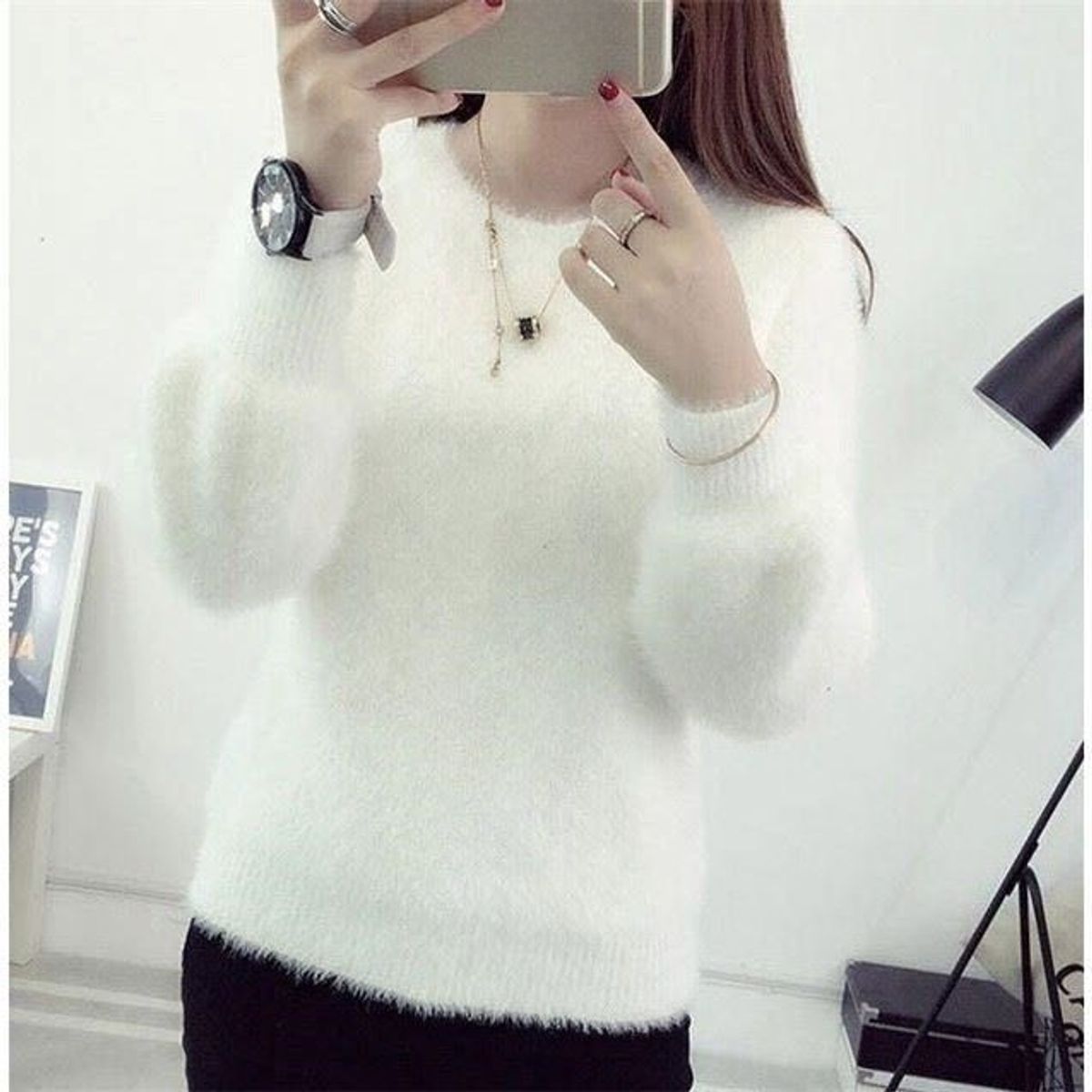TIOZONEY - Suéter de cuello alto para mujeres - Blanco