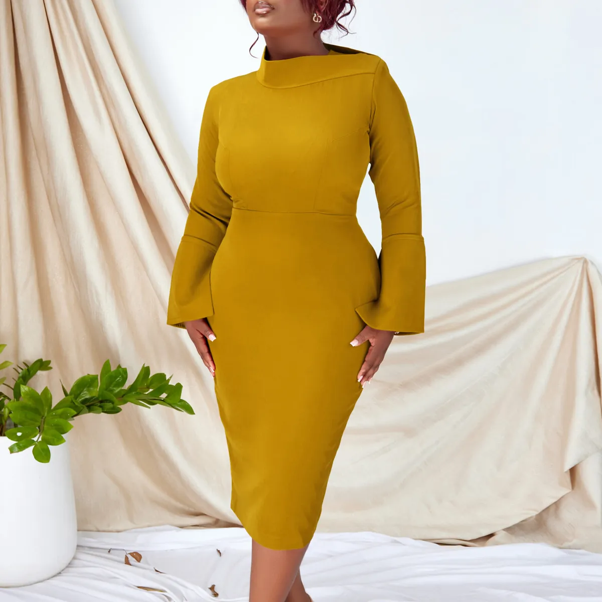 TIOZONEY - Vestido a la cadera con cuello oblicuo para mujer