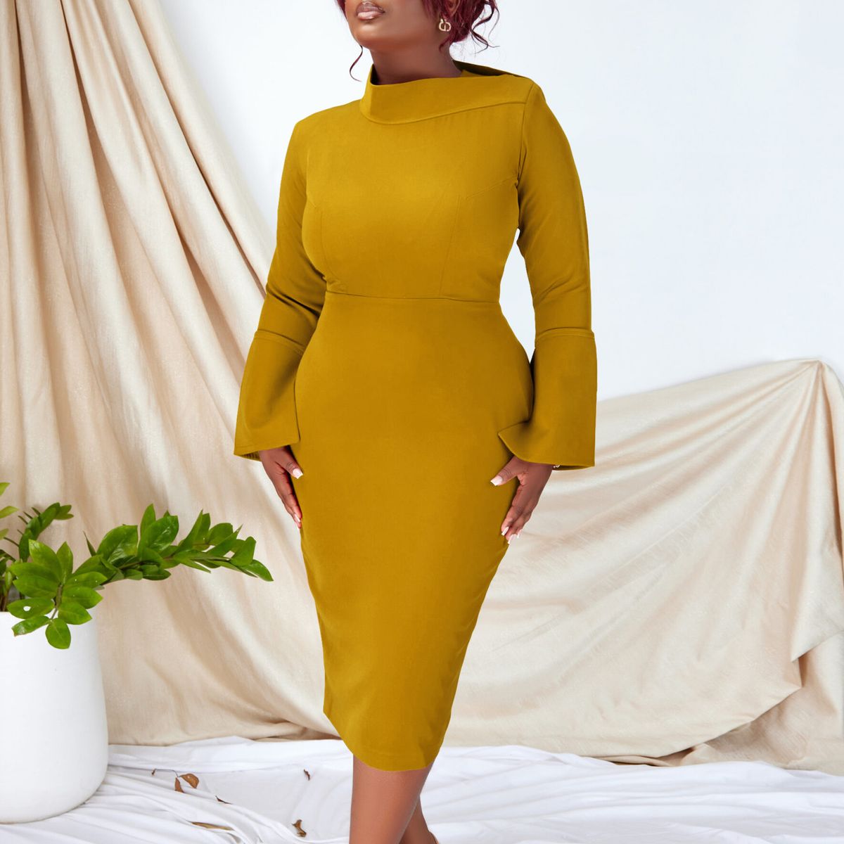 TIOZONEY - Vestido a la cadera con cuello oblicuo para mujer