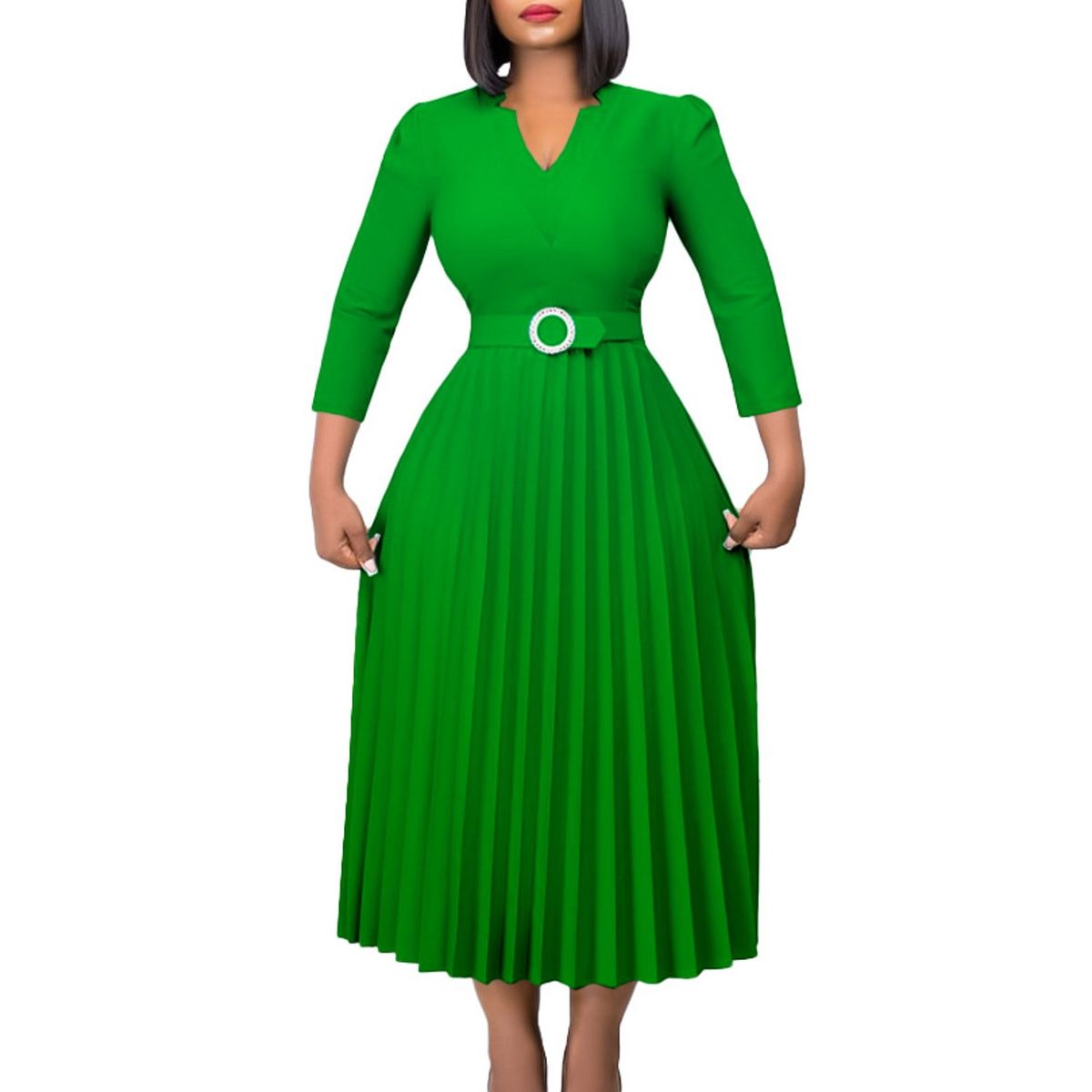 TIOZONEY - Vestido plisado de mujer con cuello en V y cinturón