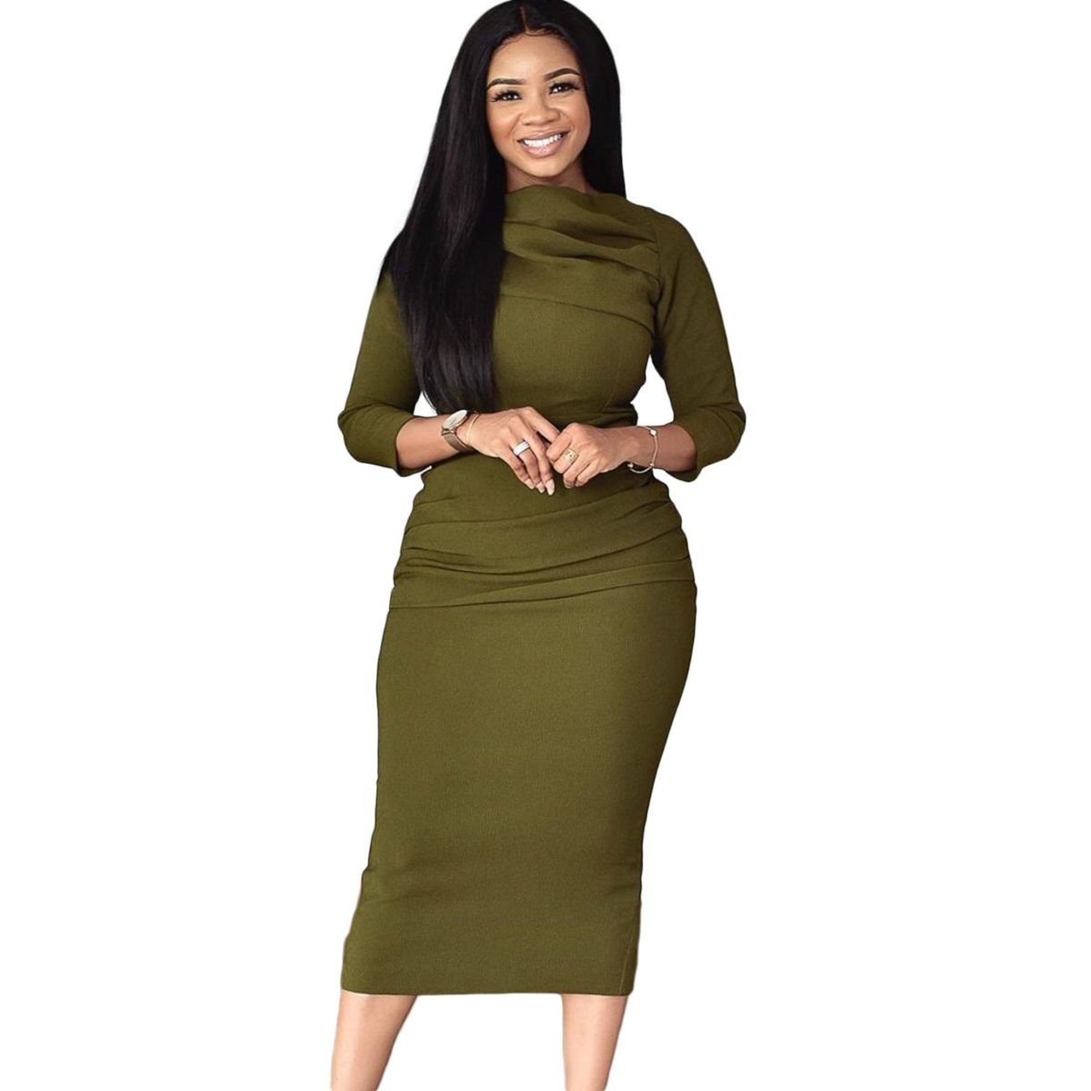 TIOZONEY - Vestido plisado verde de mujer