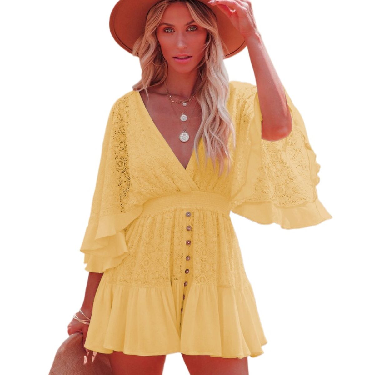 TIOZONEY - Vestido Midi Mujer -Amarillo