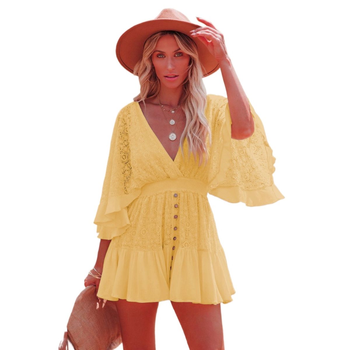 TIOZONEY - Vestido Midi Mujer -Amarillo
