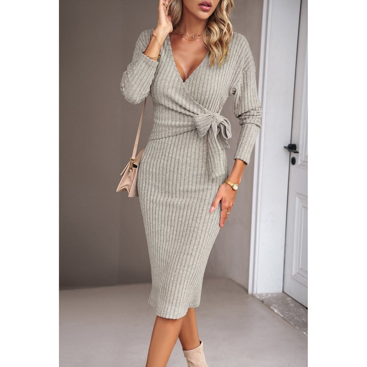 TIOZONEY - Vestido Midi Mujer -Beige