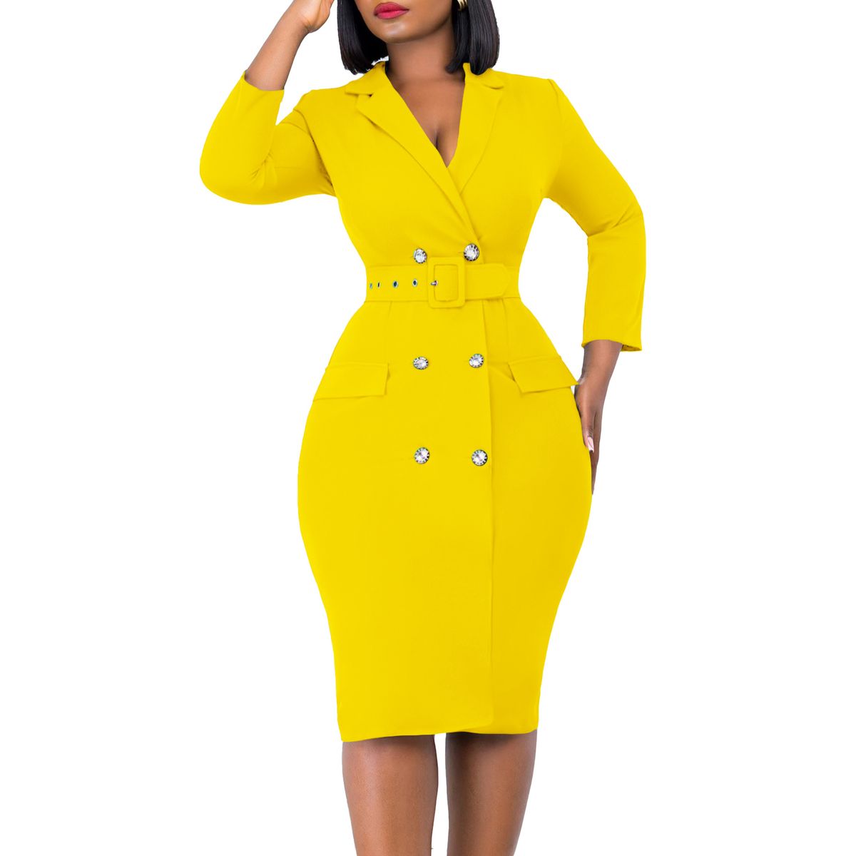 TIOZONEY - Vestido de mujer con cuello de traje y cinturón