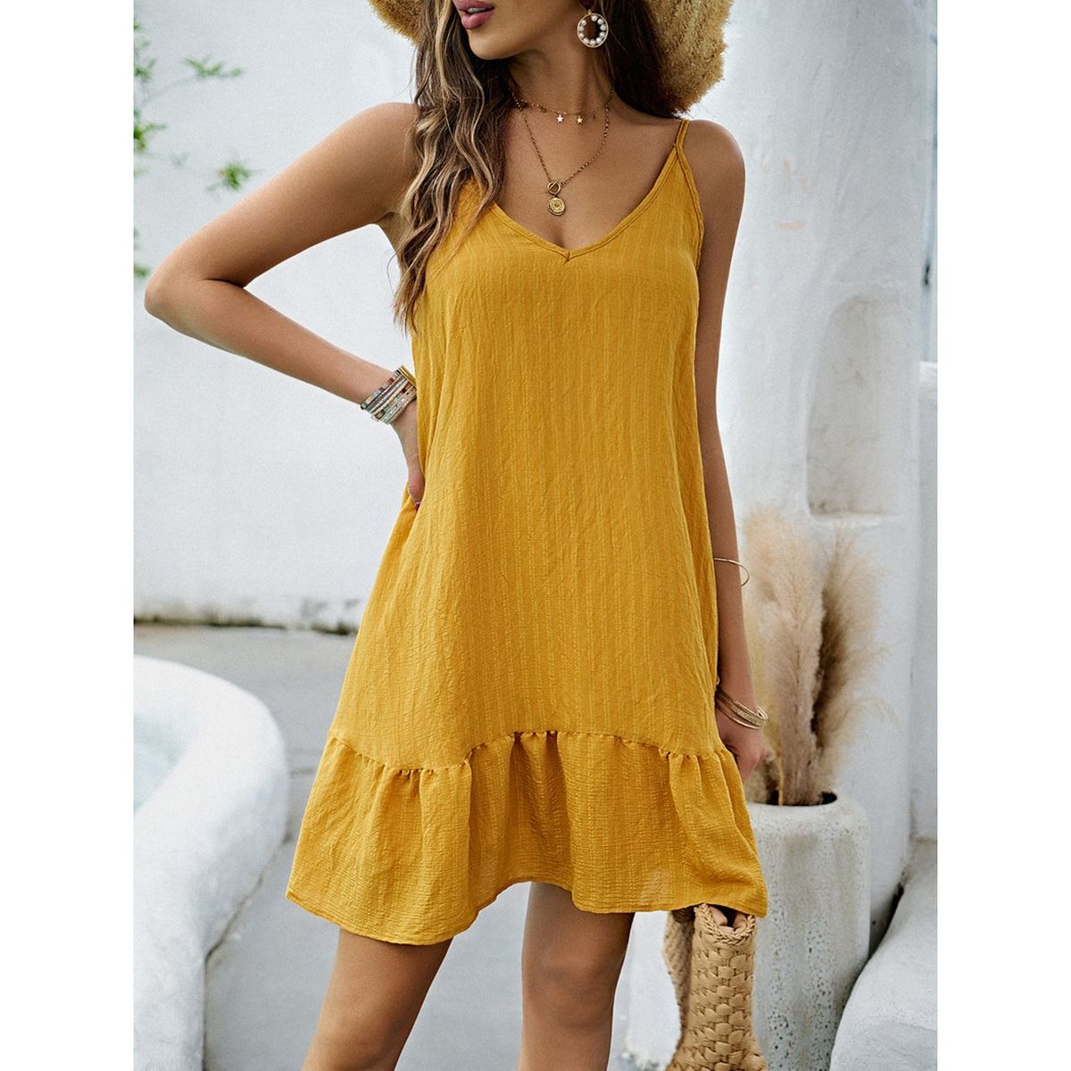 TIOZONEY - Vestido Midi Mujer -Amarillo