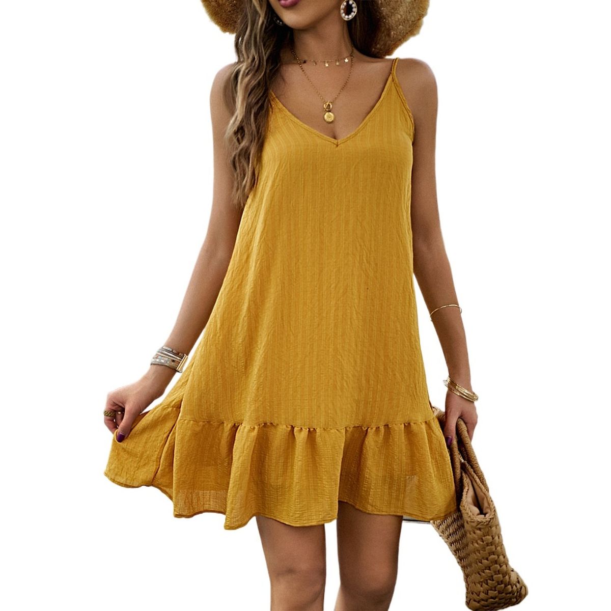 TIOZONEY - Vestido Midi Mujer -Amarillo
