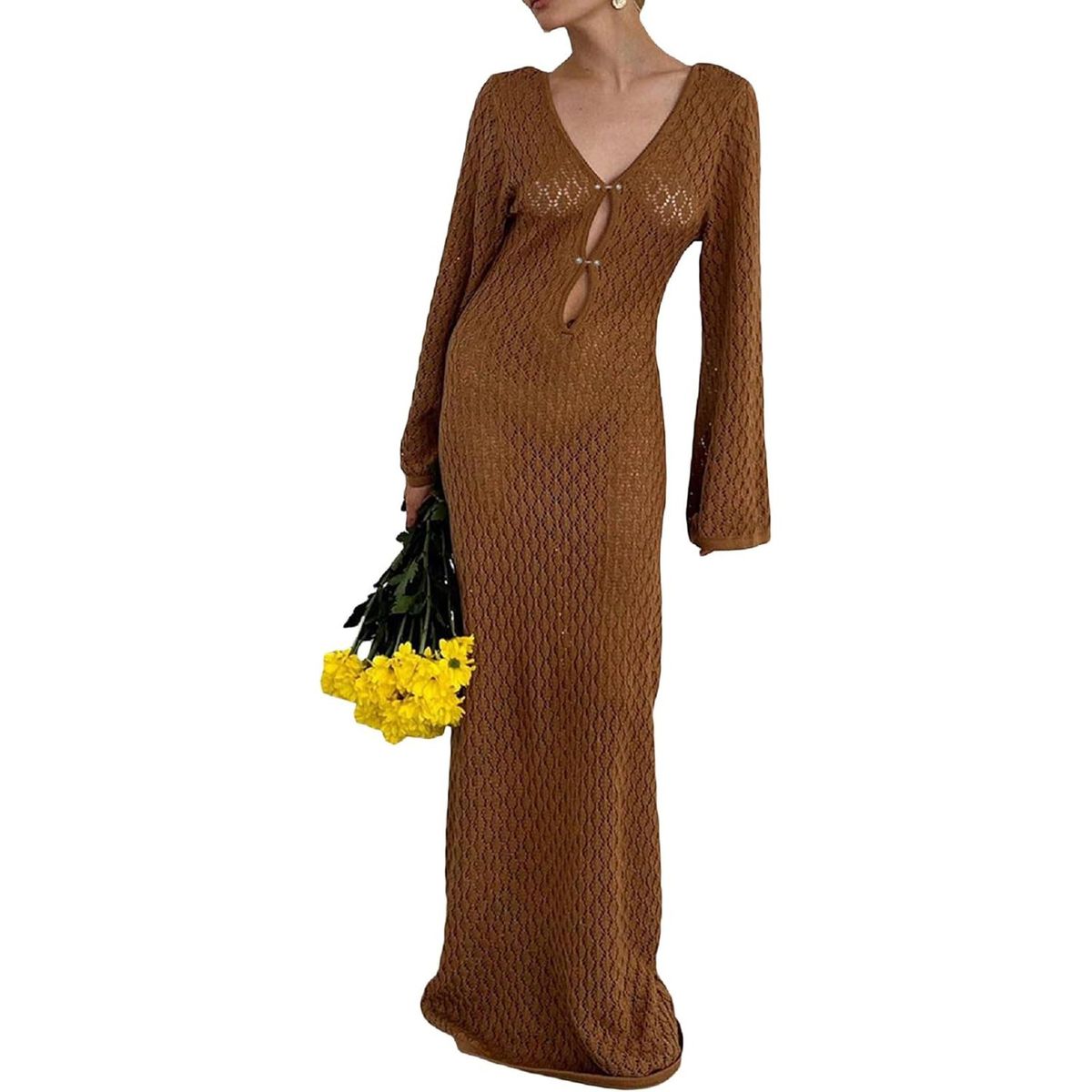 TIOZONEY - Vestidos largos de punto para mujeres - Marrón