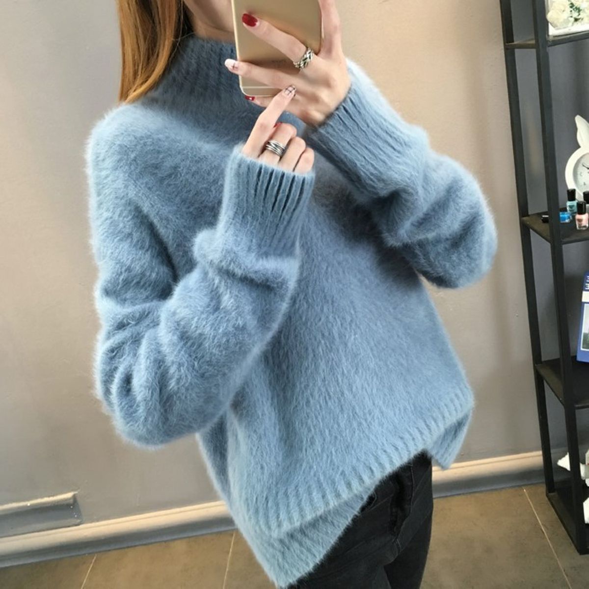 TIOZONEY - Suéter de cuello alto para mujeres - Azul