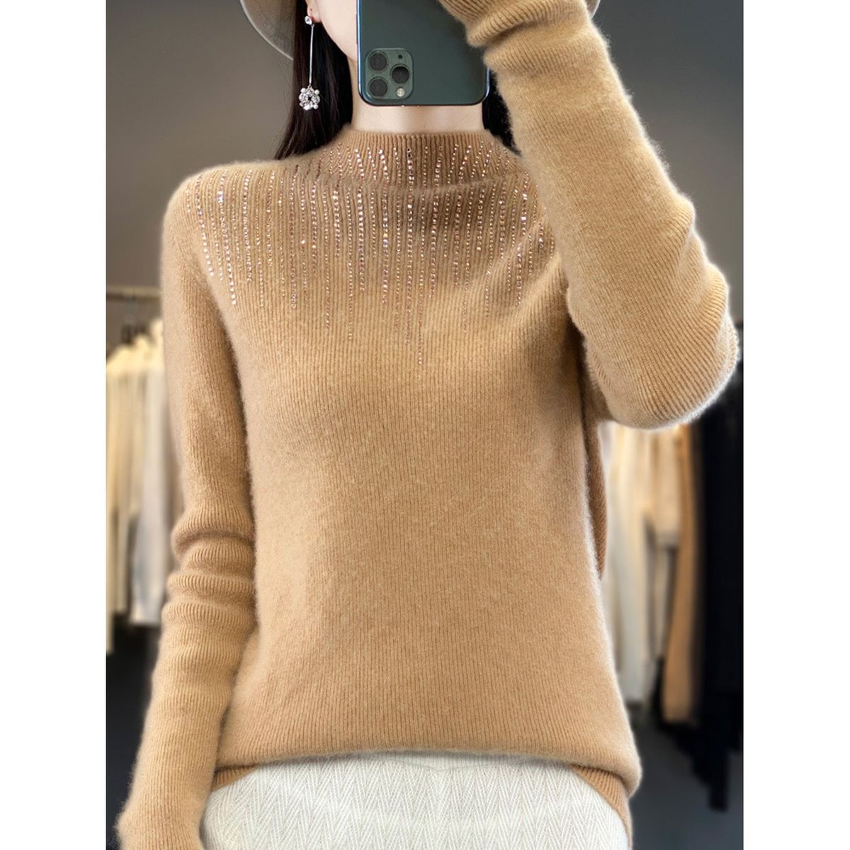 TIOZONEY - Suéter de cuello medio alto para mujeres - Marrón