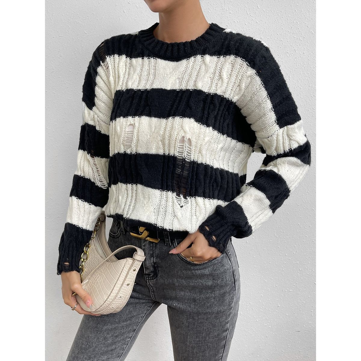 TIOZONEY - Suéter de punto para mujeres - Blanco