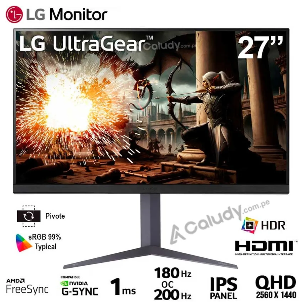 LG - Monitor  LG ULTRAGEAR 27GS75Q-B 27" IPS QHD 180HZ OC 200Hz 1ms G-Sync
