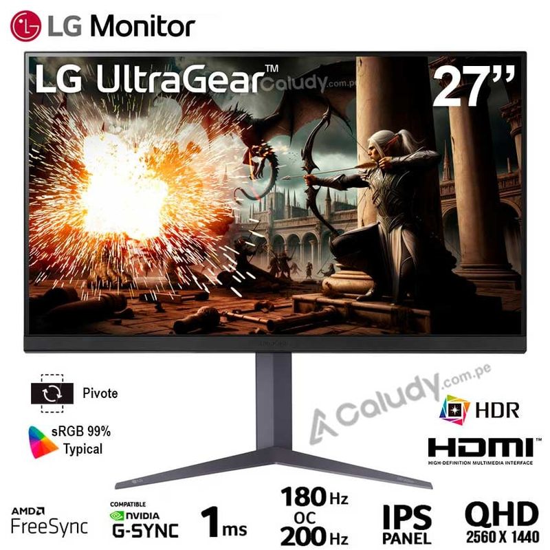 LG - Monitor  LG ULTRAGEAR 27GS75Q-B 27" IPS QHD 180HZ OC 200Hz 1ms G-Sync