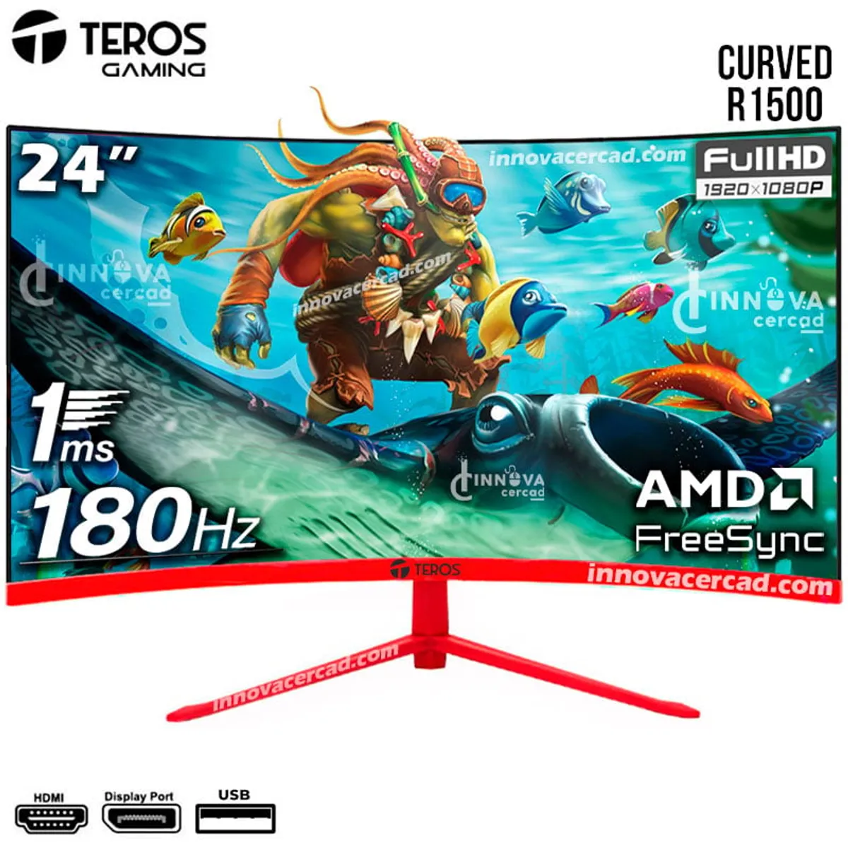 TEROS - Monitor curvo Teros Gaming, 23.8" FHD (1920x1080), 180hz, 1ms,  HDMI