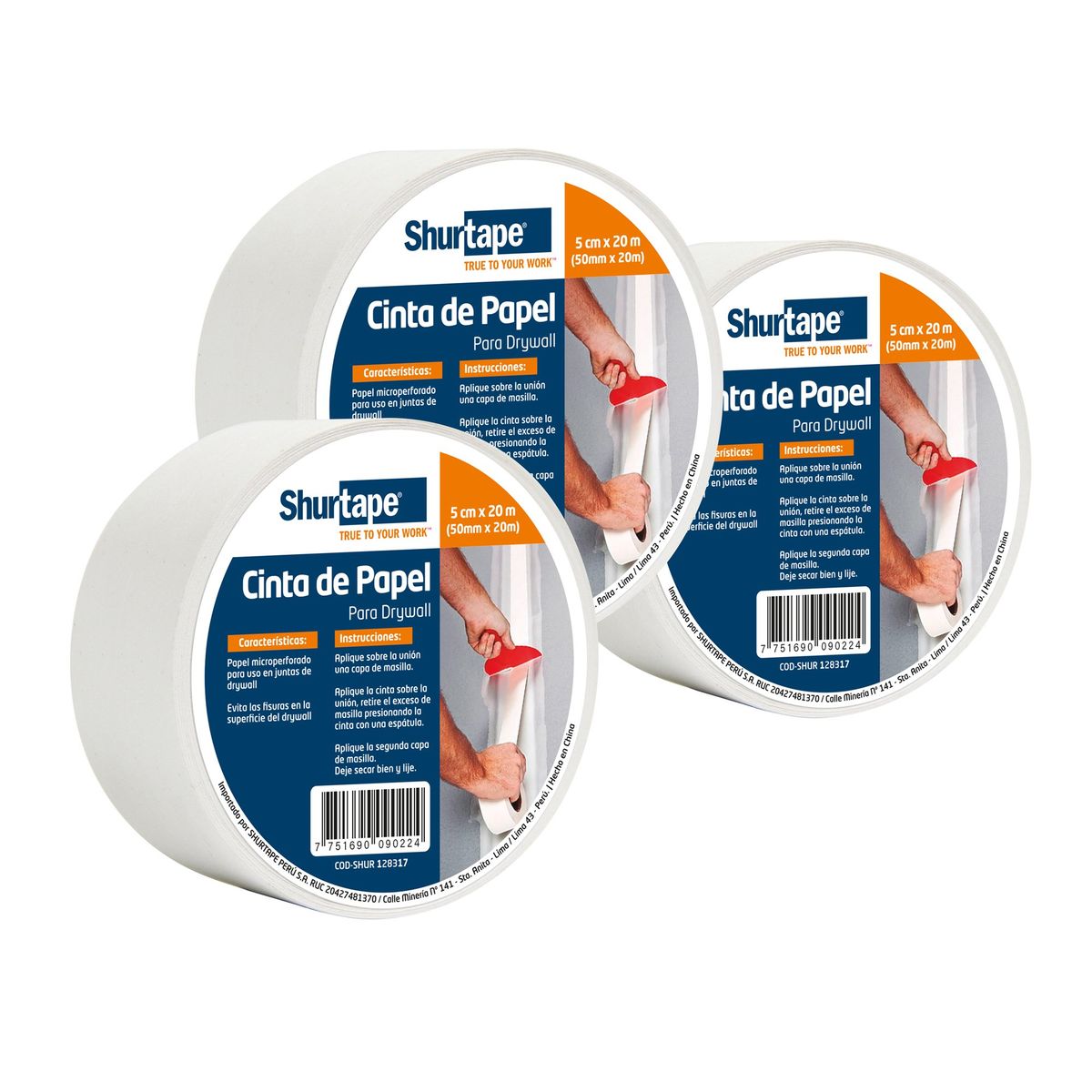 SHURTAPE - Cinta de Papel Drywall PJ-200 50MM x 20M Pack x3