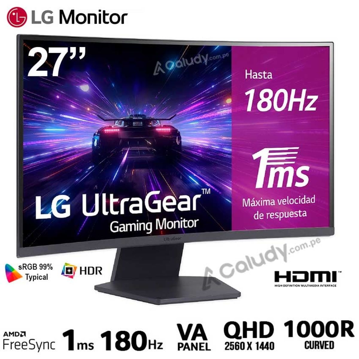 LG - Monitor GAMING LG UltraGear 27GS60QC-B Curvo VA QHQ 180Hz 1ms FreeSync