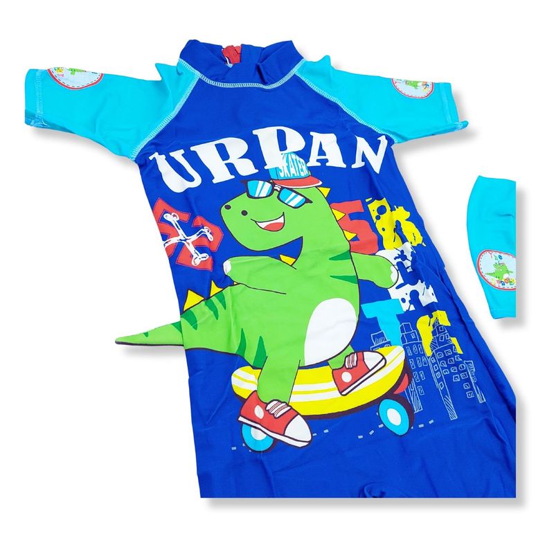 GENERICO - Ropa de Baño para Niño UV Azul con Dinosaurio Verde Montando Skate