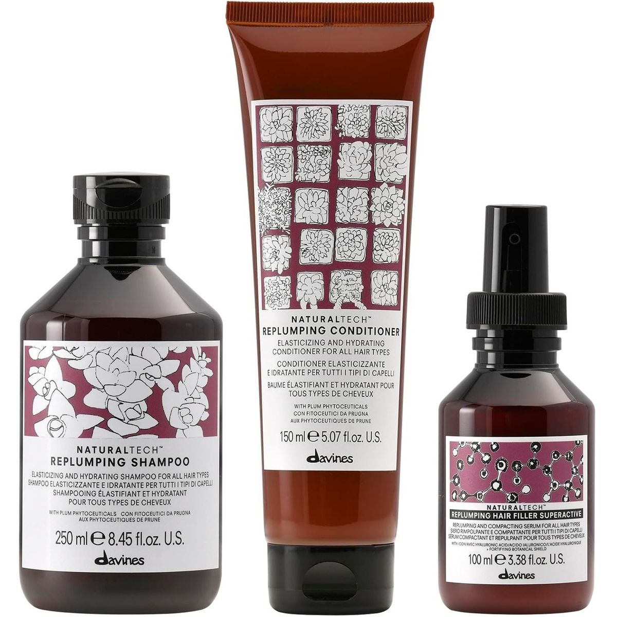 DAVINES - Shampoo Hidratante 250ml + Acondicionador + Sérum Davines Replumping